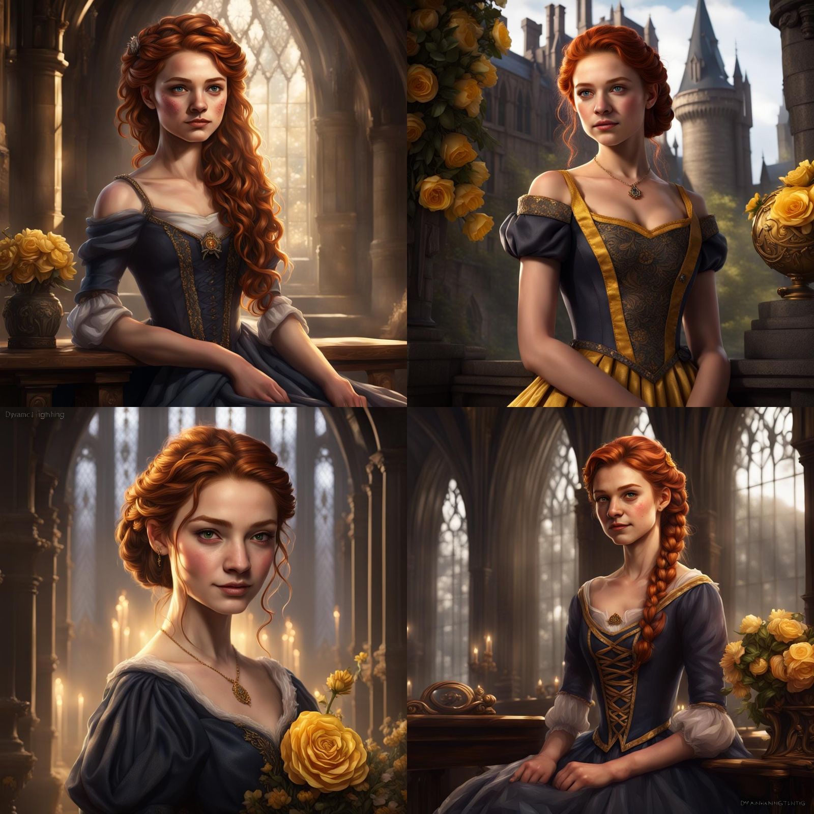 Auburn-Haired Girl in Regal Gown, Fantasy Art