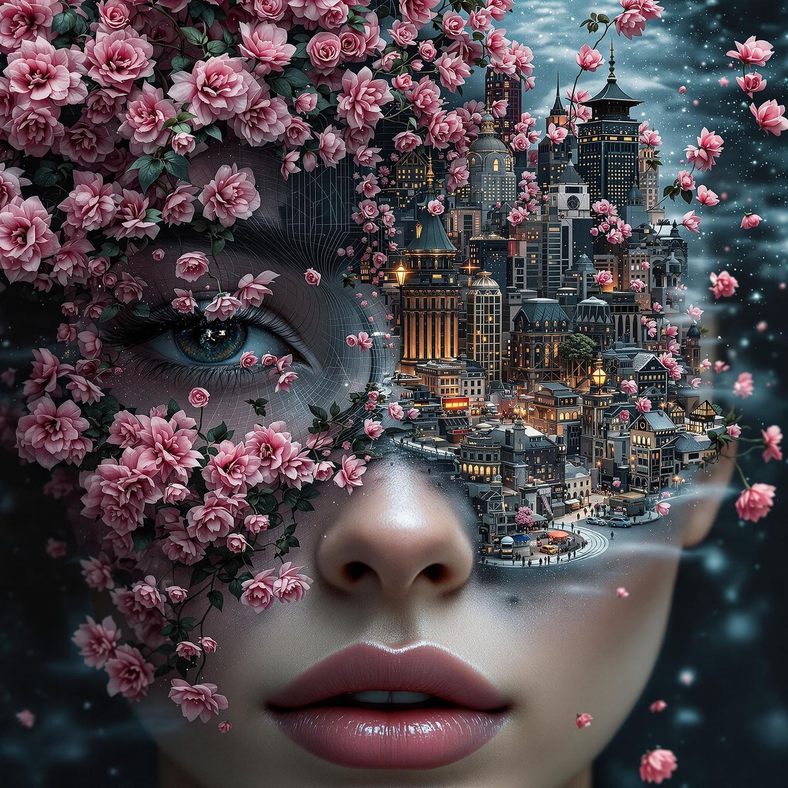 Hyperrealistic Woman's Mindscapes with Pink Blooms and Citys...