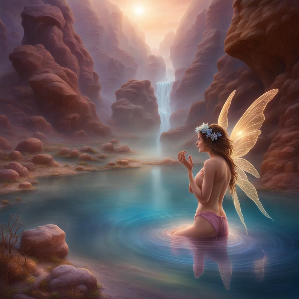 Fairies Swimming in Misty Desert Canyon Lake