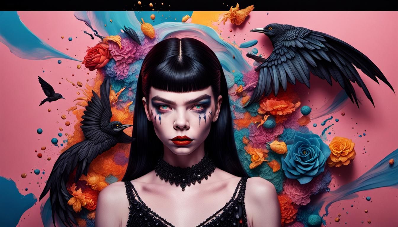 Elvira-esque Anya Taylor Joy: Hyperrealistic Splash Art