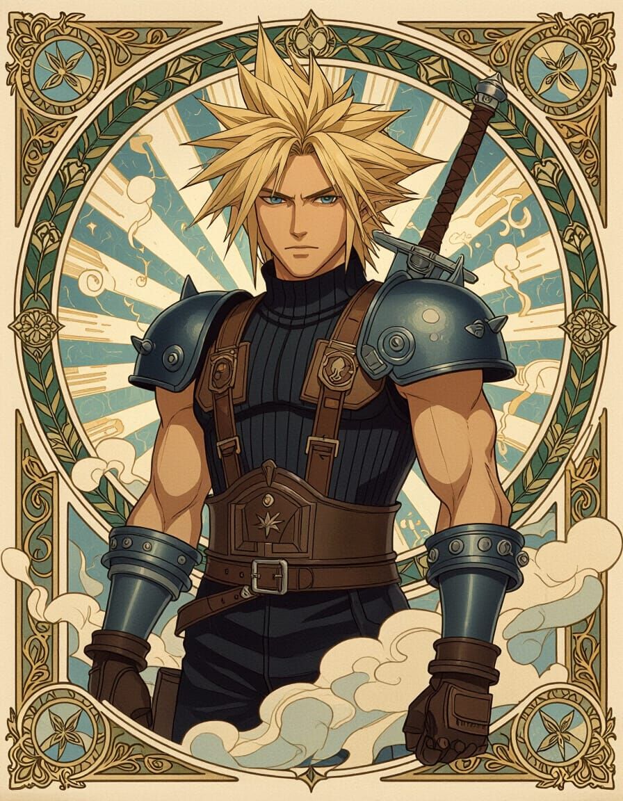 Cloud Strife in Art Nouveau Style Poster