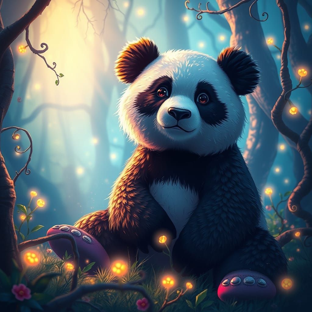 Surreal Panda in Enchanted Forest Scene