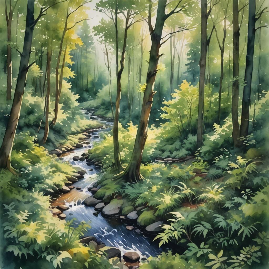 Watercolor Forest Landscape with Sunlight, Aerial View