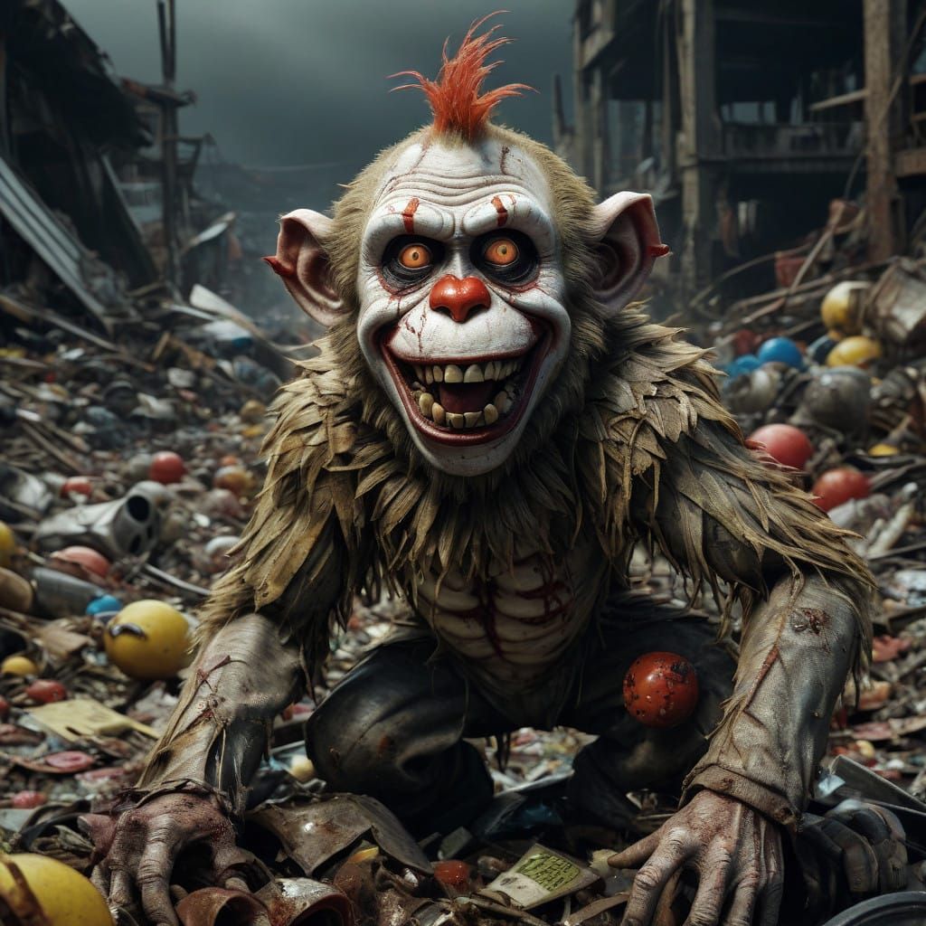 Hyperrealistic Zombie Monkey Clowns Play Amidst Trashy Landf...
