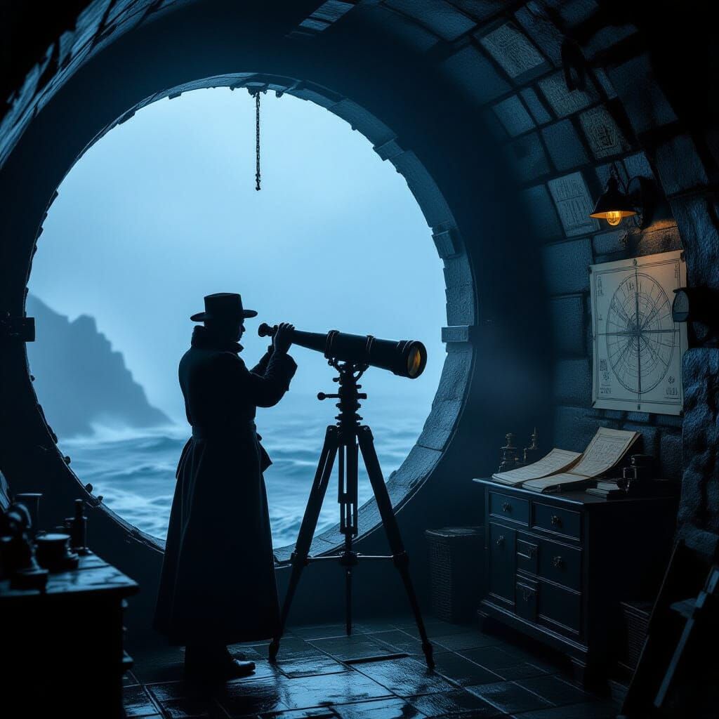 Lighthouse Keeper Polishing Telescope in Stormy Sea