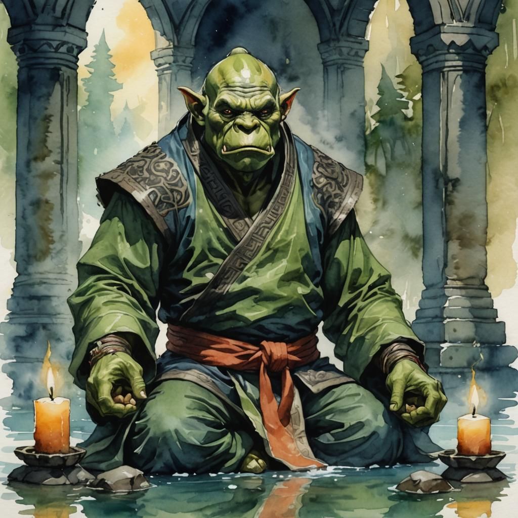 Orc Monk Meditating in Water Temple, Watercolor Style