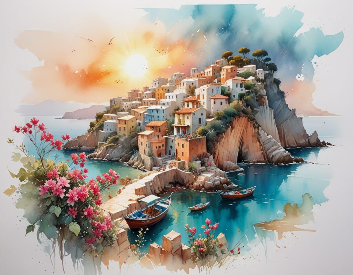 Mediterranean Village Sunrise in Watercolour Style