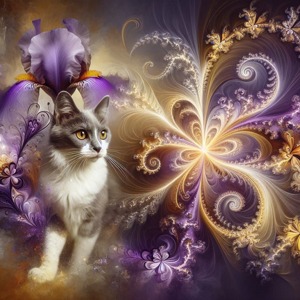 Whimsical Cat Surrounded by Lavender Irises in Delicate Frac...