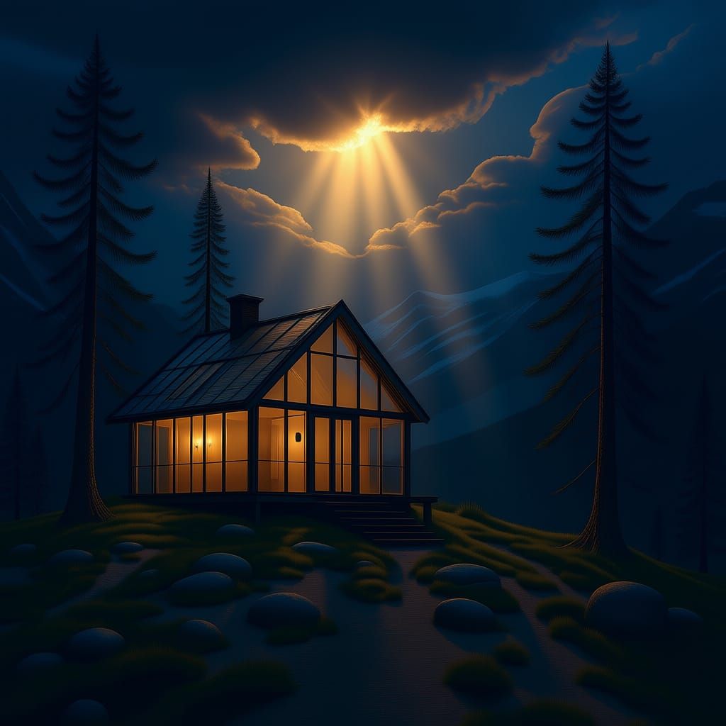 Yellow Cabin on Mountain Peak with Pink Windows