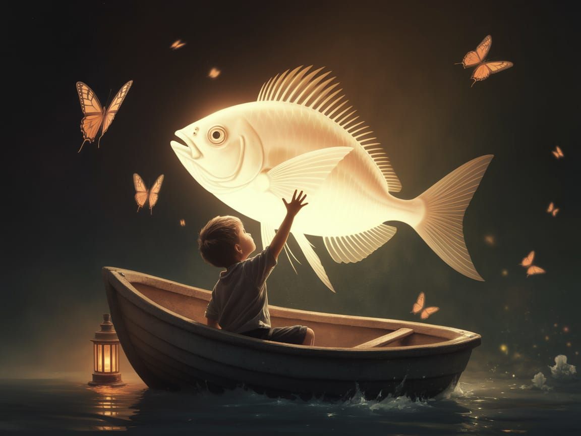 Surreal Boy Reaches for a Luminous Fish