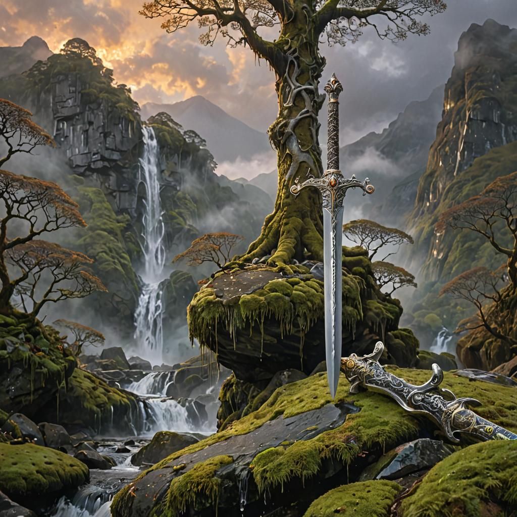 Ornate Sword at Majestic Waterfall in Fantasy Art