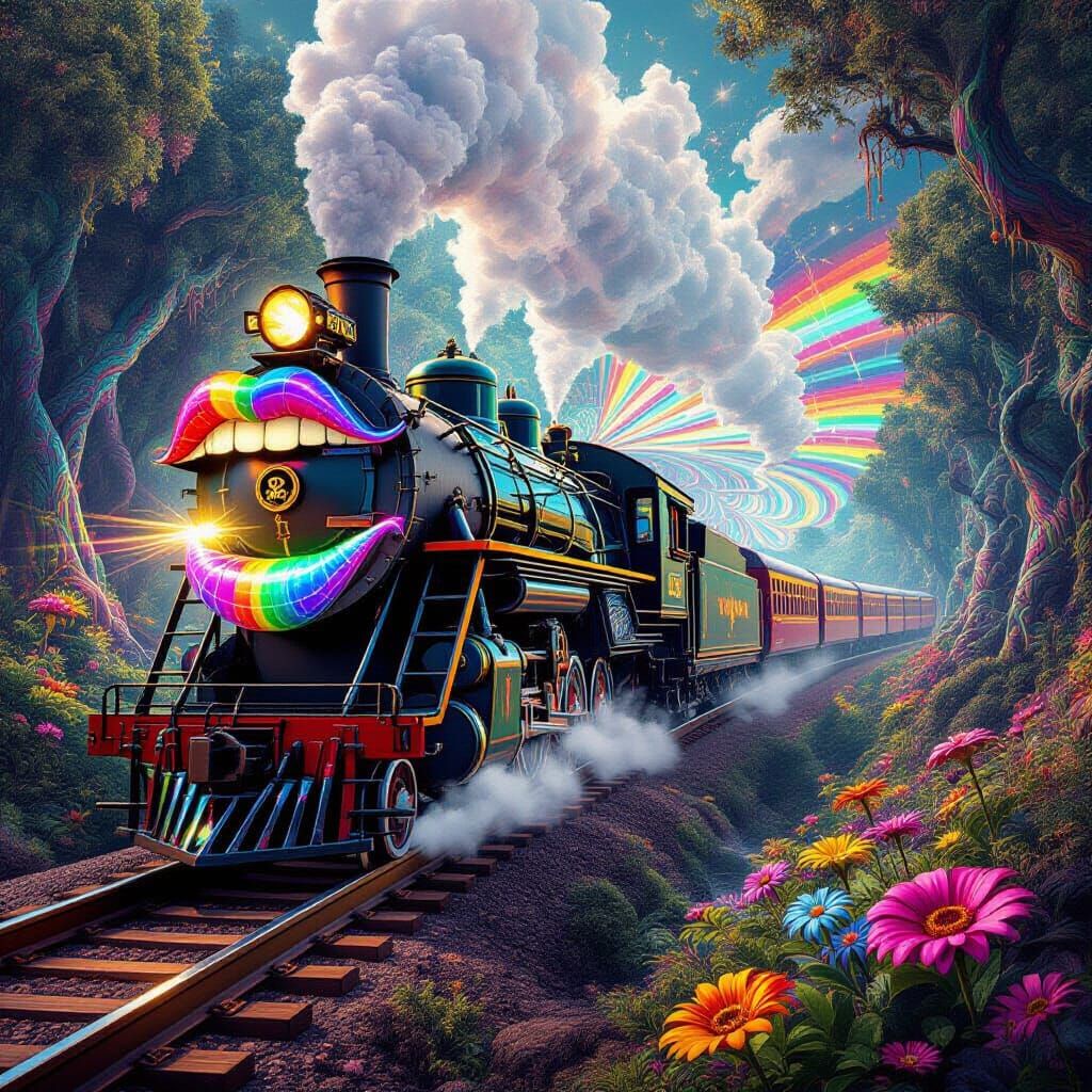 Psychedelic Train Emerges from Rainbow Mouth in Fractal Fore...