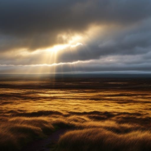 Irish Bog at Dusk with Heavenly Sunlight