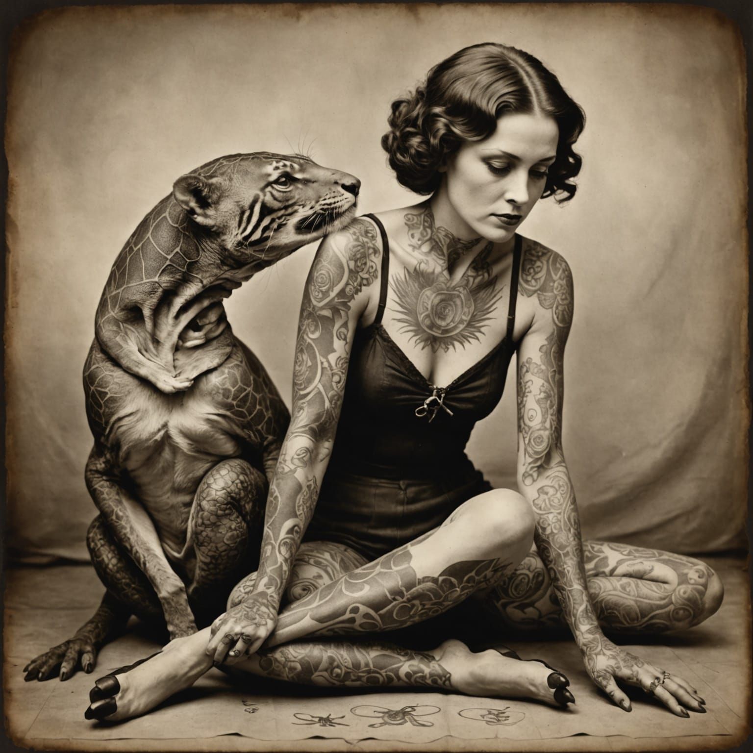 Vintage Sepia Tattooed Contortionist Charcoal Drawing