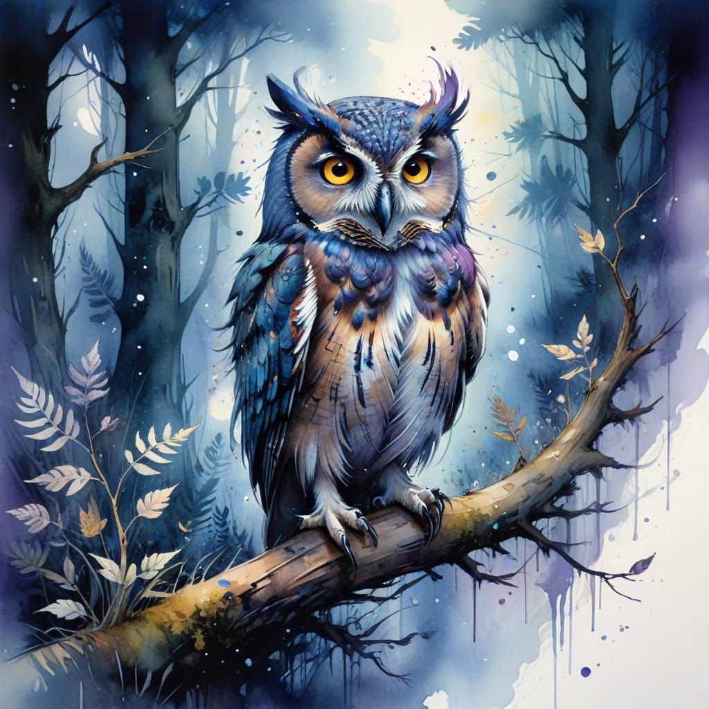 Whimsical Watercolour Moonlit Grove with Owl and Fireflies