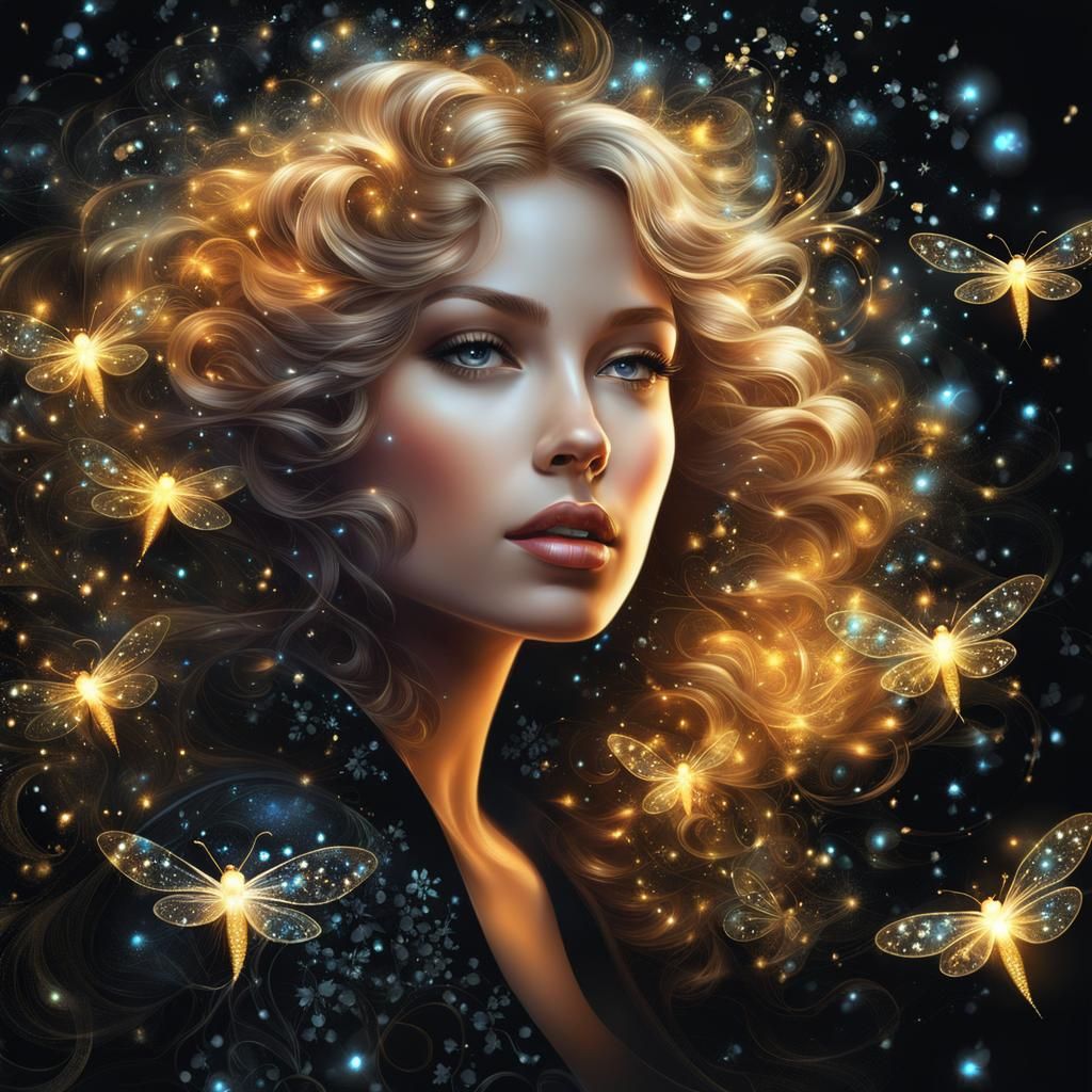 Sparkling Girl with Fireflies in Art Noir Style