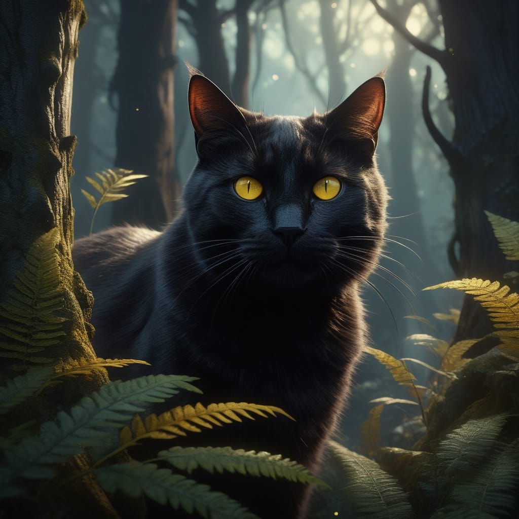 Majestic Black Cat in a Whimsical Fantasy Realm
