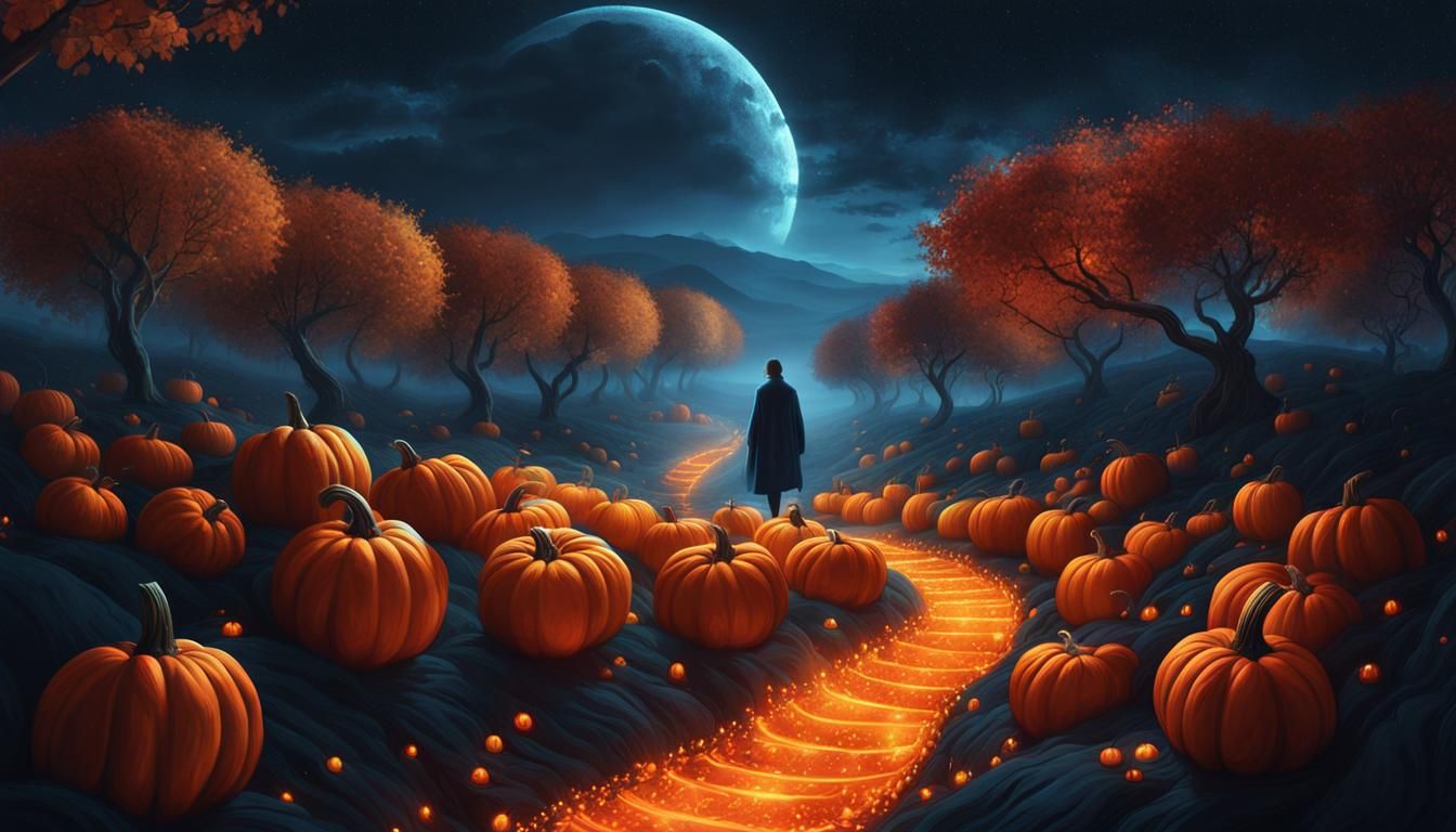 Ethereal Pumpkin Path at Night in Fantasy Art