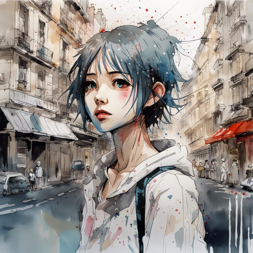 Anime Girl in Paris Street: Watercolor Portrait