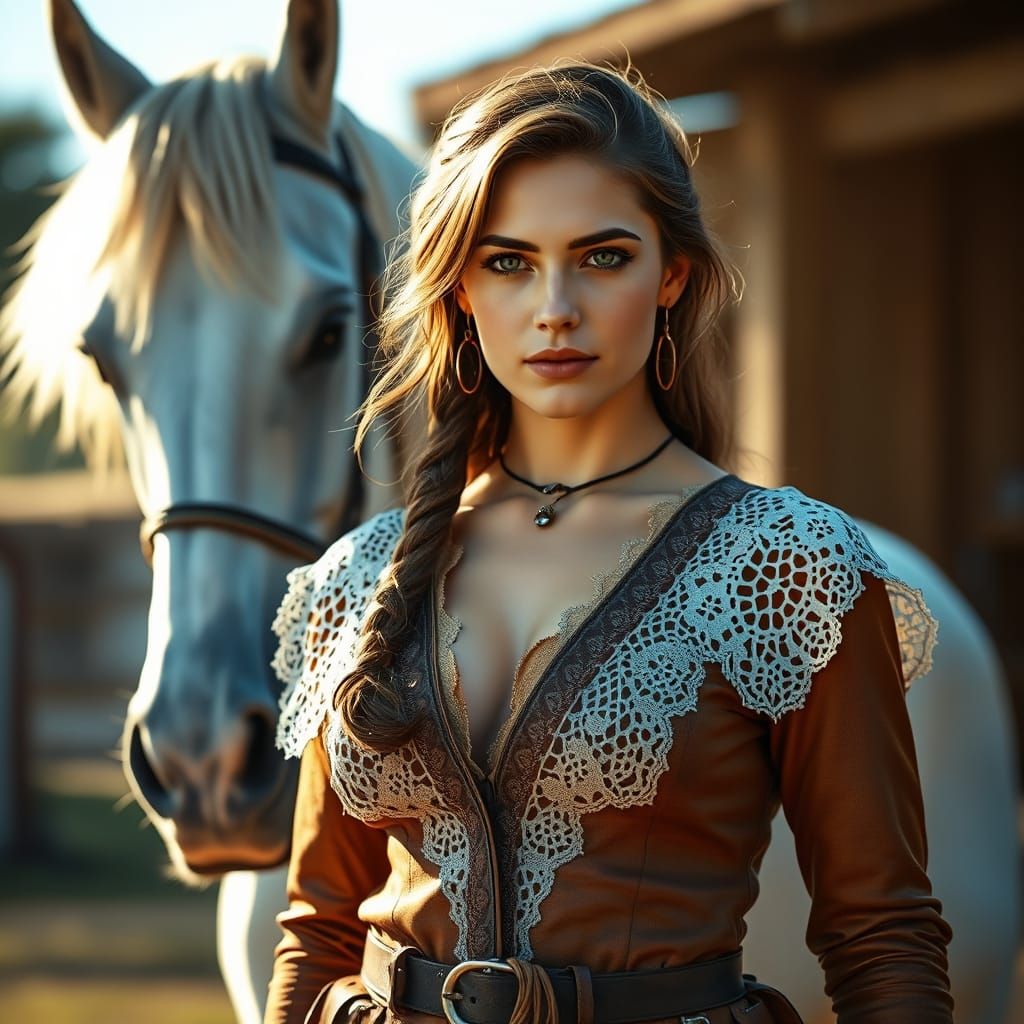 beautiful young Western woman dressed with a leather-formed lace and beautiful graceful stunning body. Graceful opened s...