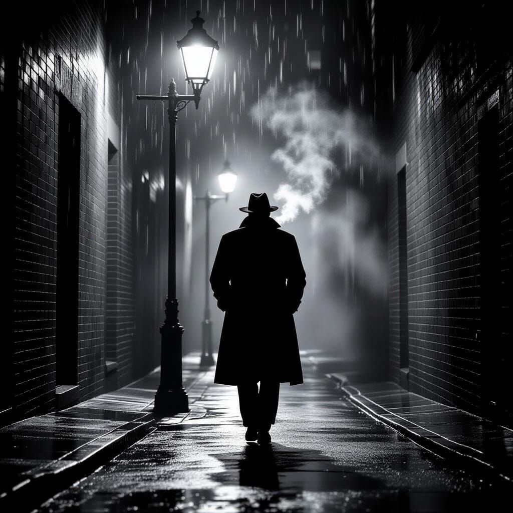 Noir Detective in Rainy Alley Under Streetlamp