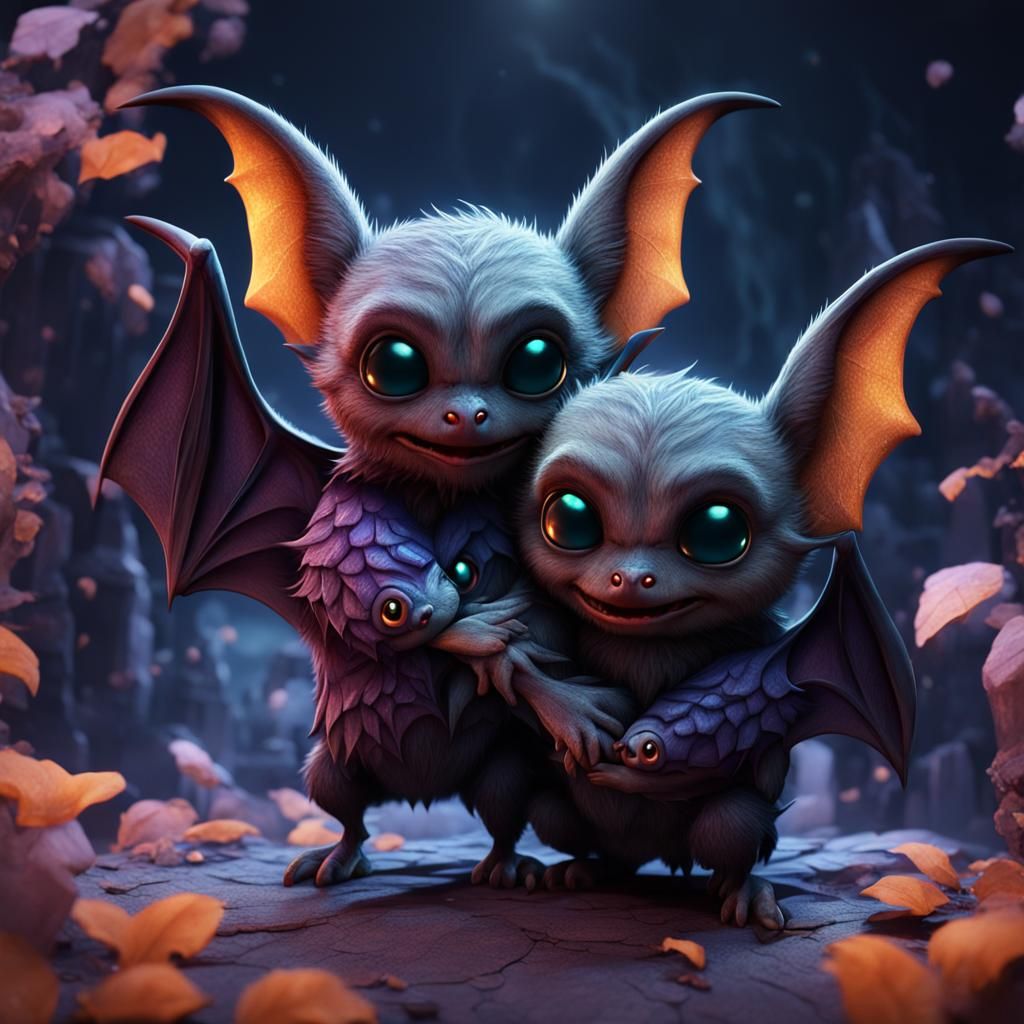 Cute Bats Hug in Vibrant Fantasy Landscape