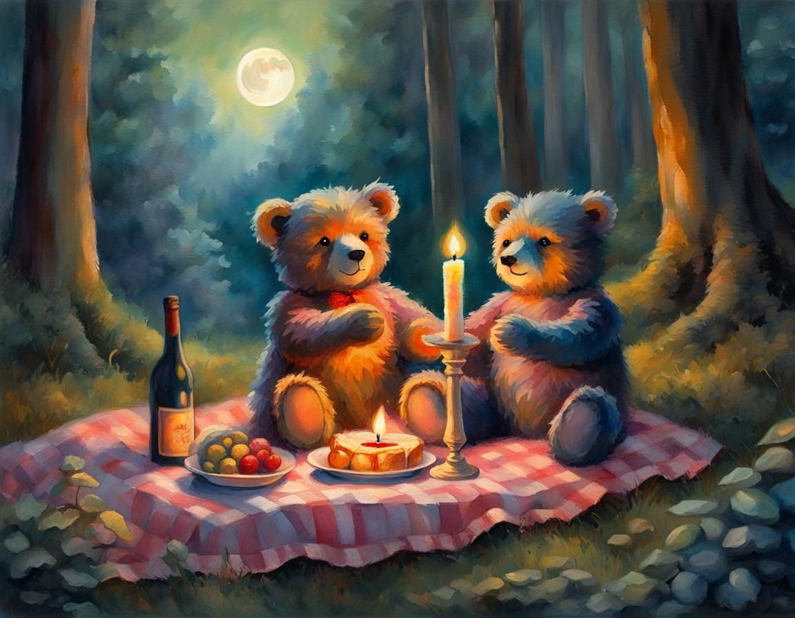 Romantic Teddy Bear Picnic, Gouache Impressionist Painting