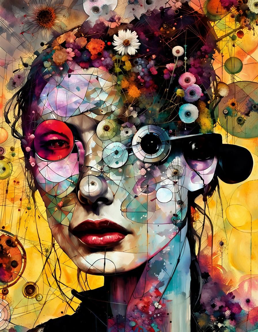 Surreal Woman Portrait in Mixed Media Style