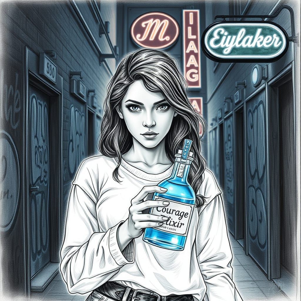 Young Woman Holds Courage Elixir in a Mysterious Alleyway Dr...