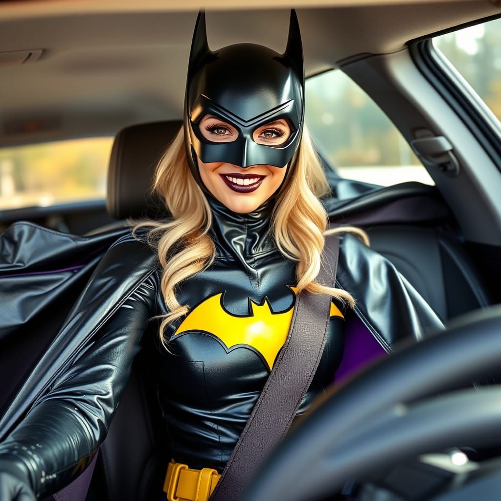 Glamorous Batgirl in Shimmering Black Leather Suit