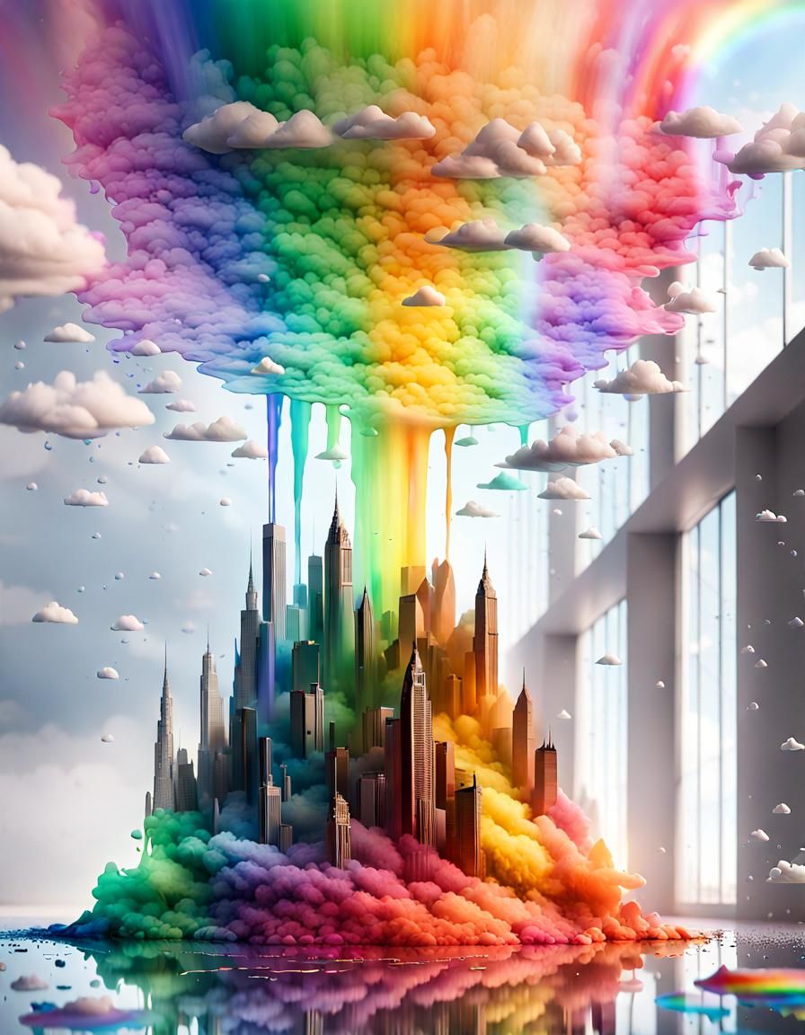 Rainbow Ink Cityscape with Glass Shards