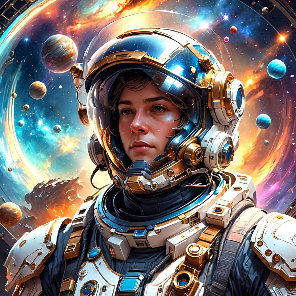 Astronaut Helmet Reflecting Galaxies in Hyperdetailed Portra...