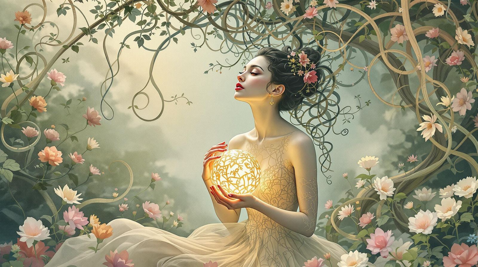 Ethereal Woman in Whimsical Garden: Surreal Generational Kno...