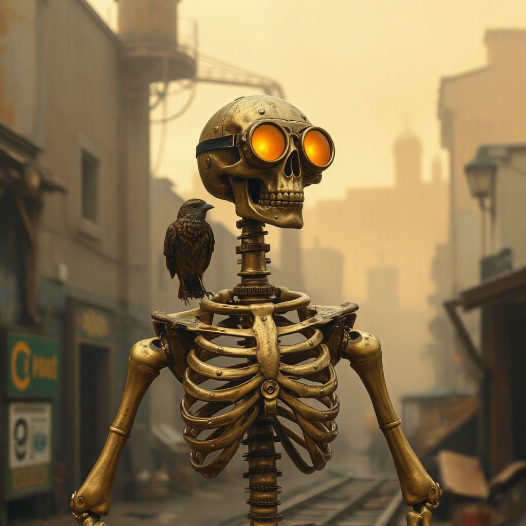 Steampunk Skeleton in Industrial Cityscape, Golden Bronze