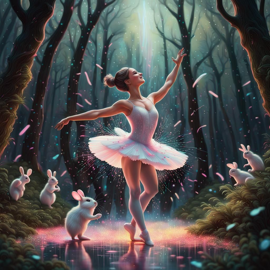 Neon Confetti Rain: Ballerina's Bioluminescent Forest Dance