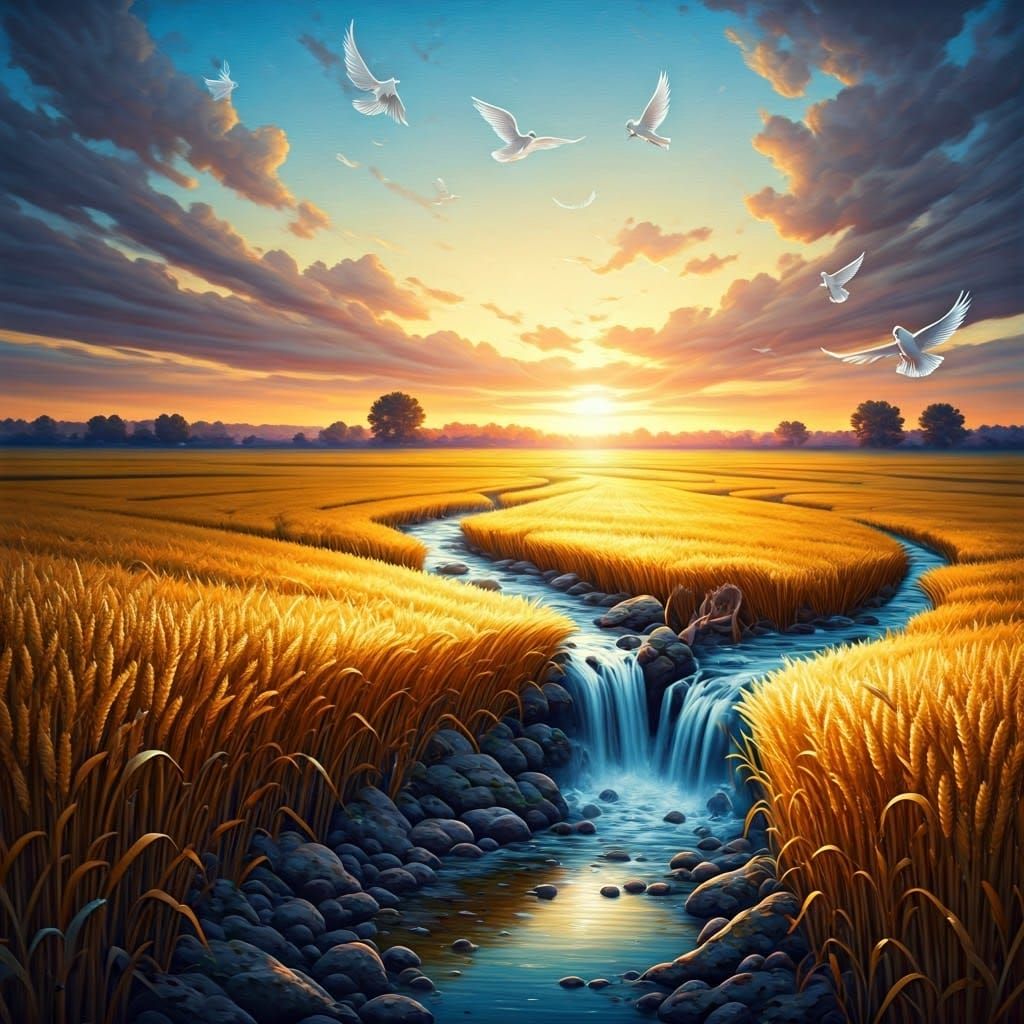 Wheat Field Sunrise with Doves, Oil Painting