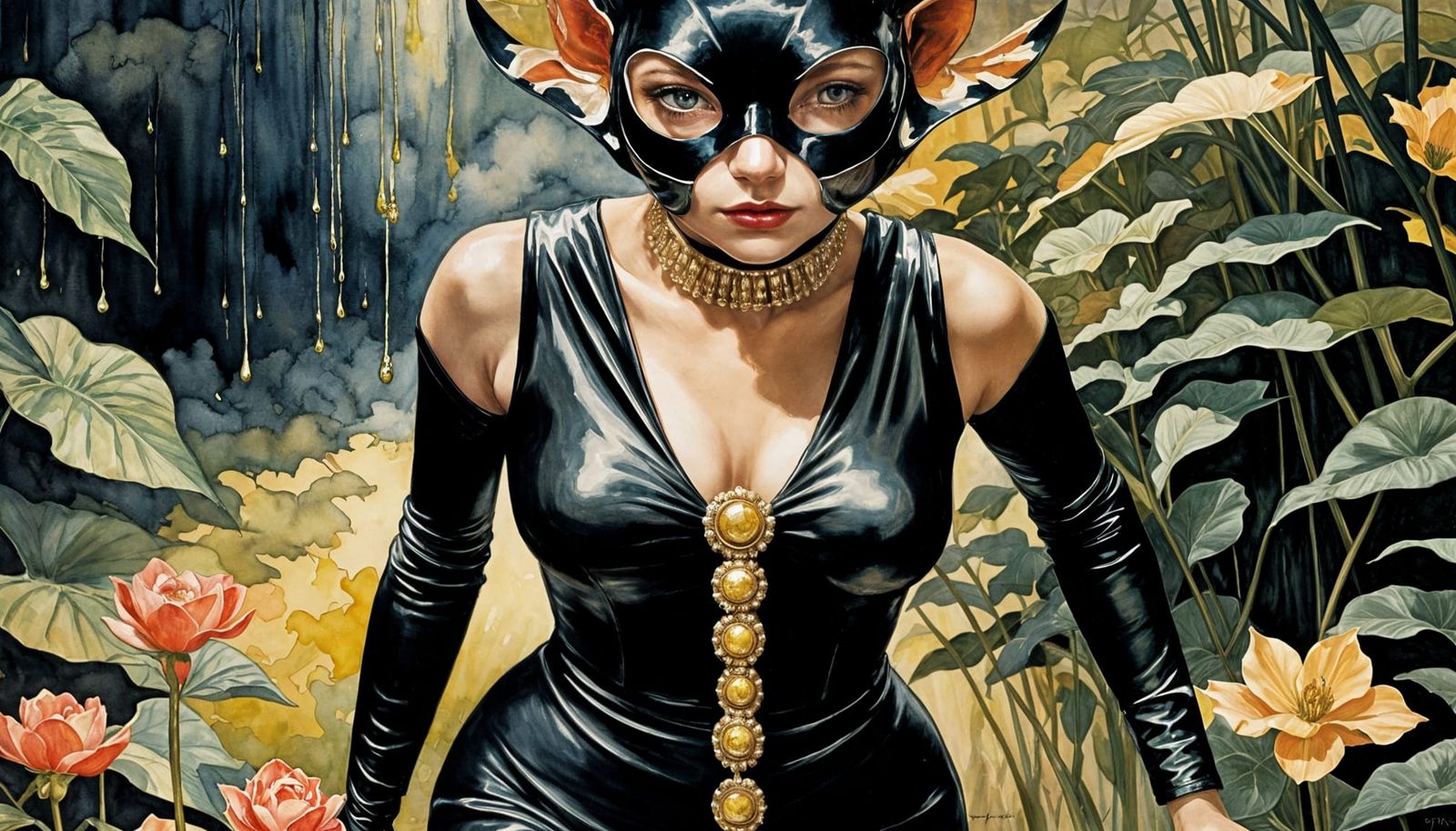 Gothic Sphynx Woman Running in Rainy Garden