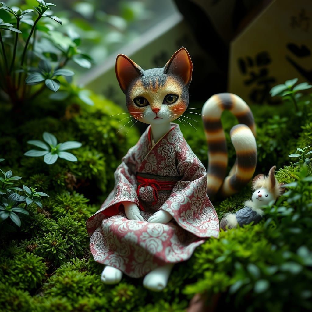 Nine-Tailed Cat Doll in Japanese Garden, Digital Art