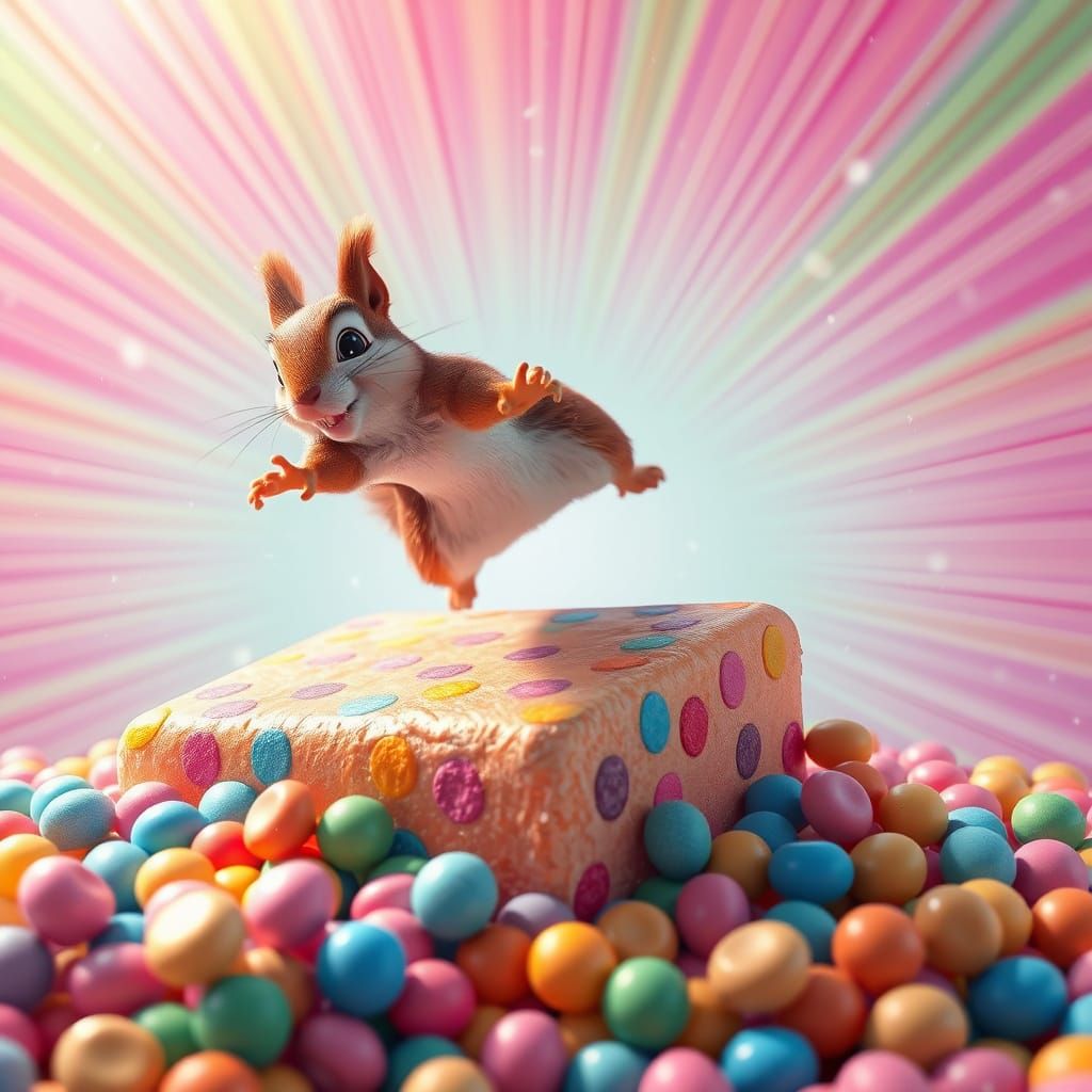 Vibrant Squirrel Dives into a Gargantuan Candy Pool in Whims...