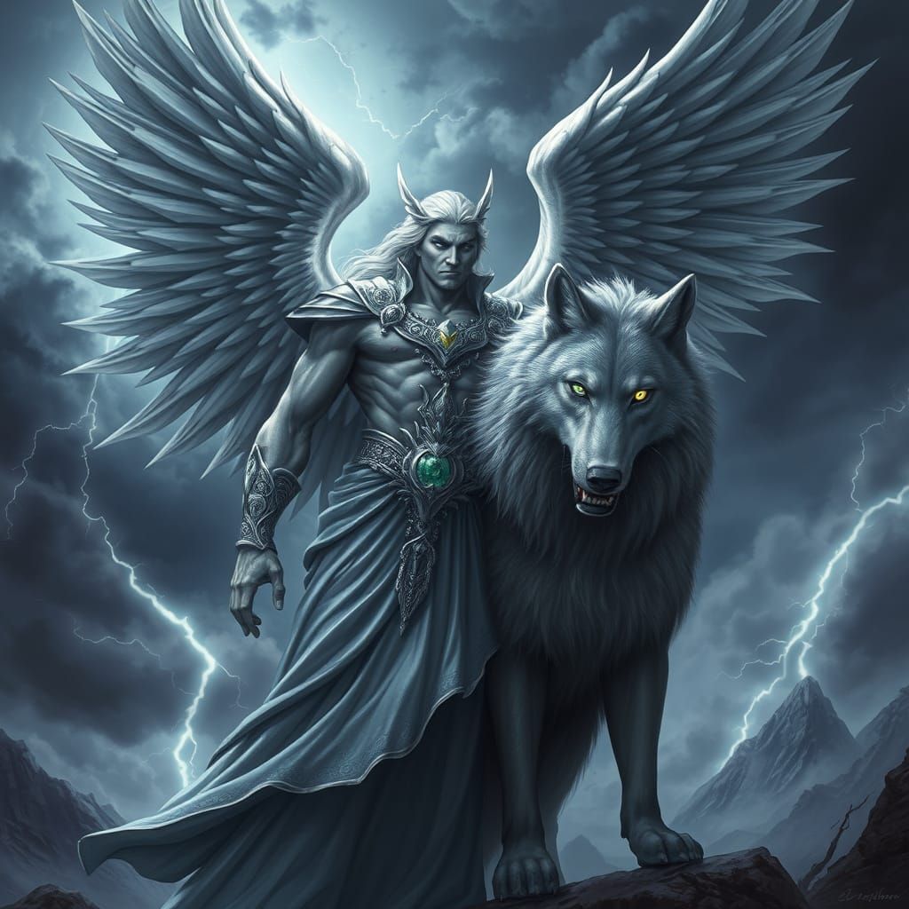 Ethereal Winged God Stands with Alpha Wolf in Stormy Fantasy...