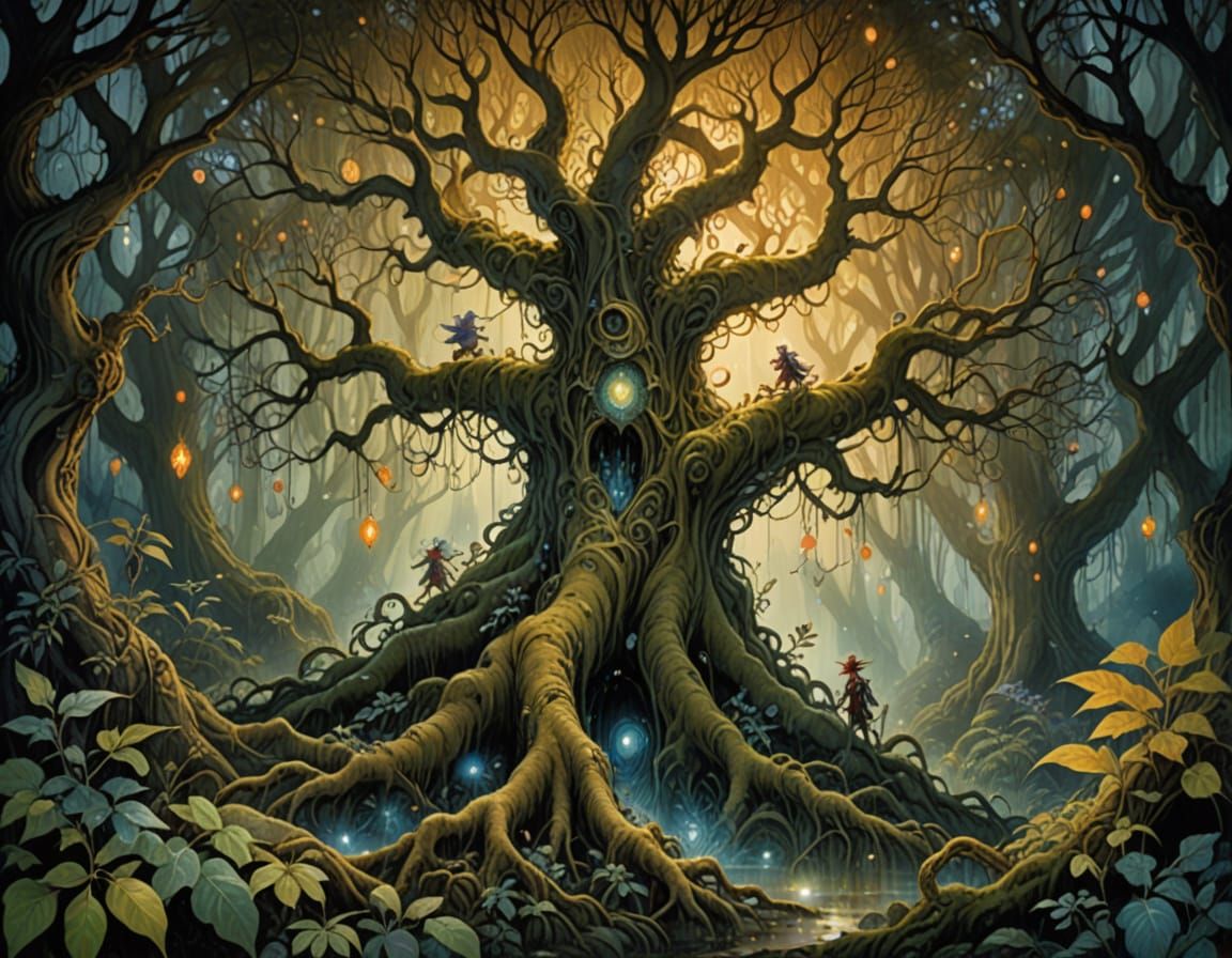 Ancient Tree Radiates Mystical Energy in Vibrant Fantasy Sce...