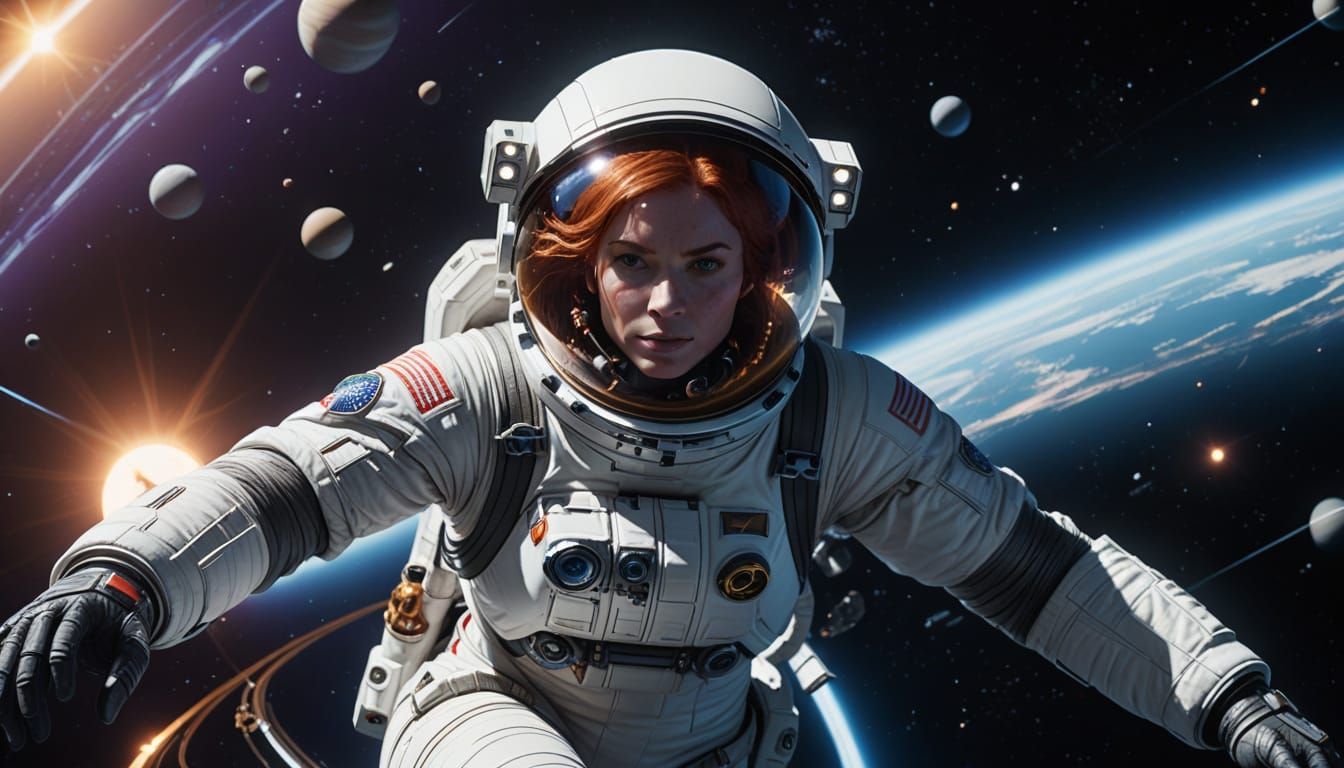 Red-Haired Astronaut Navigates Futuristic Spacecraft Through...