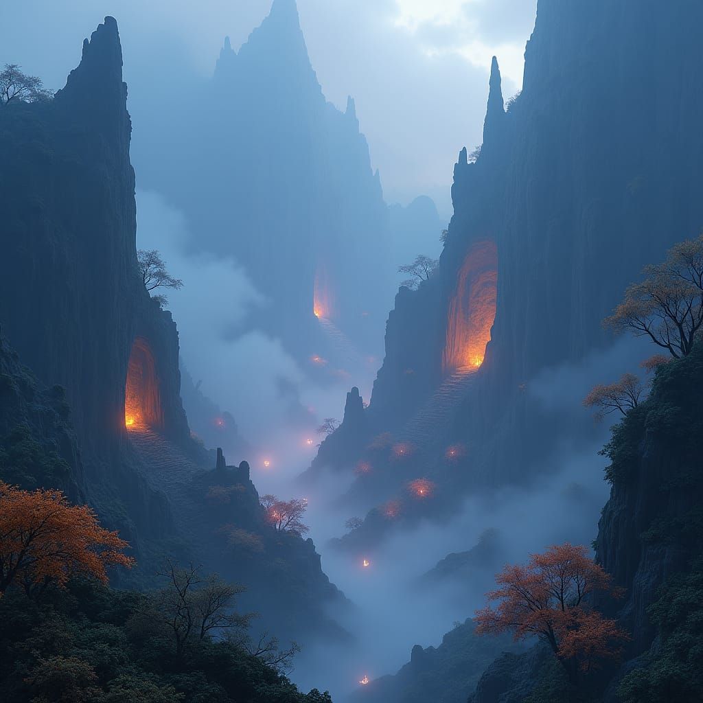 Ethereal Mountainscape with Ancient Ruins in Digital Art Sty...