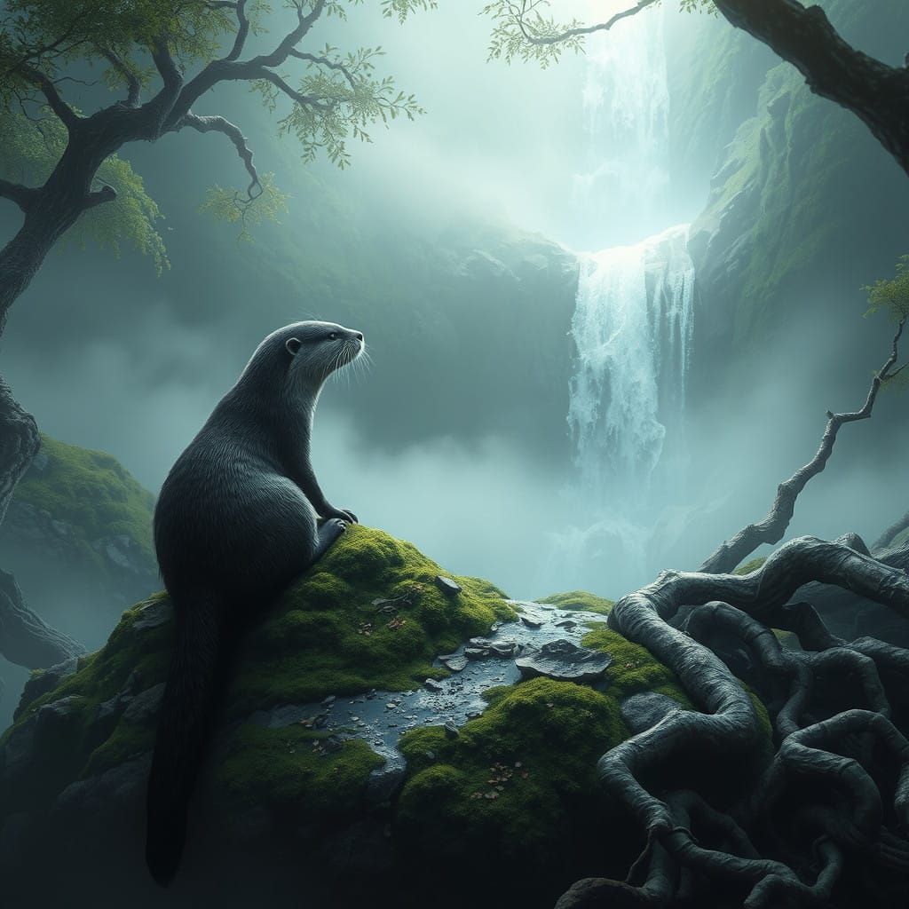 Lonesome Otter Amidst Misty Waterfall