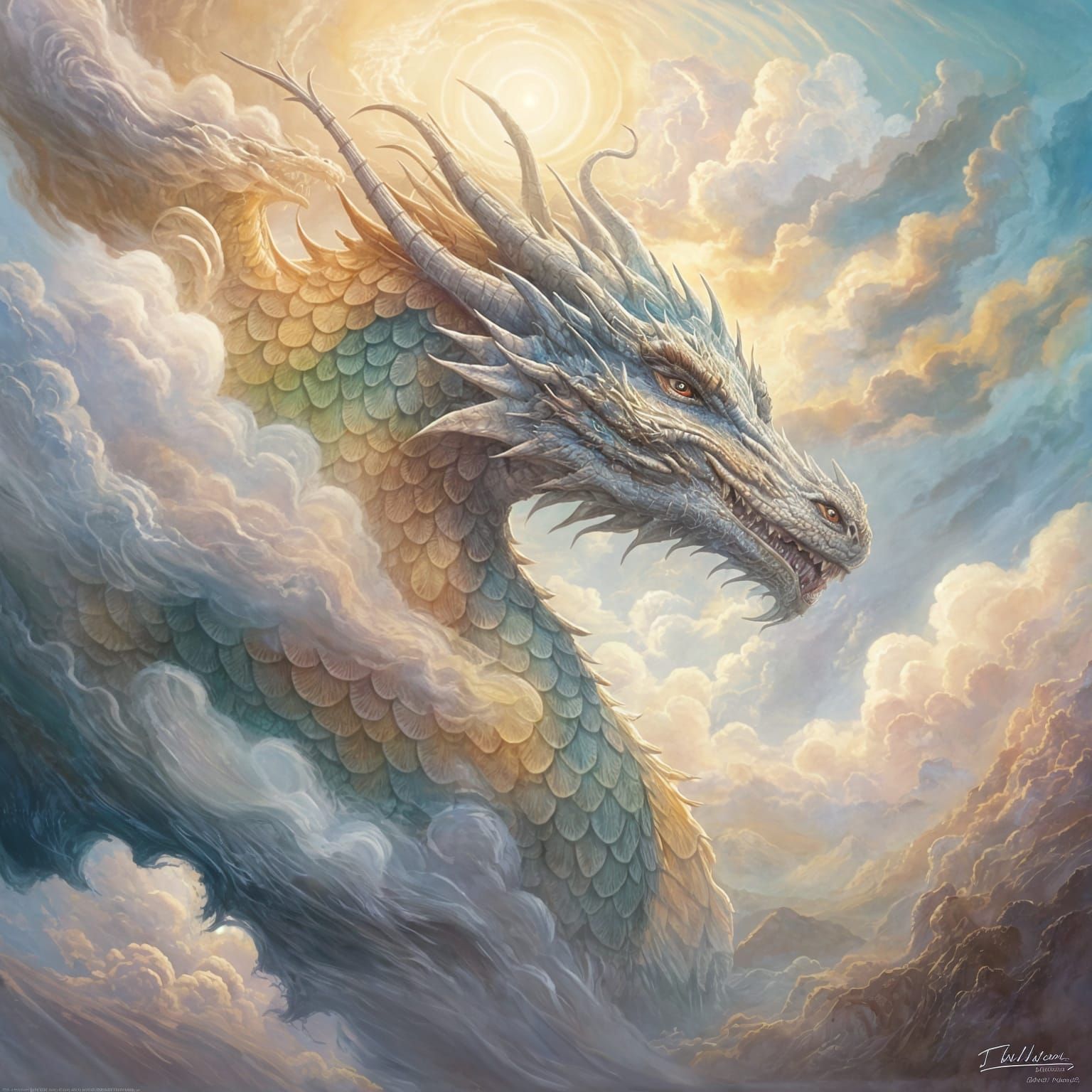 Ethereal Dragon in Misty Fantasy Landscape