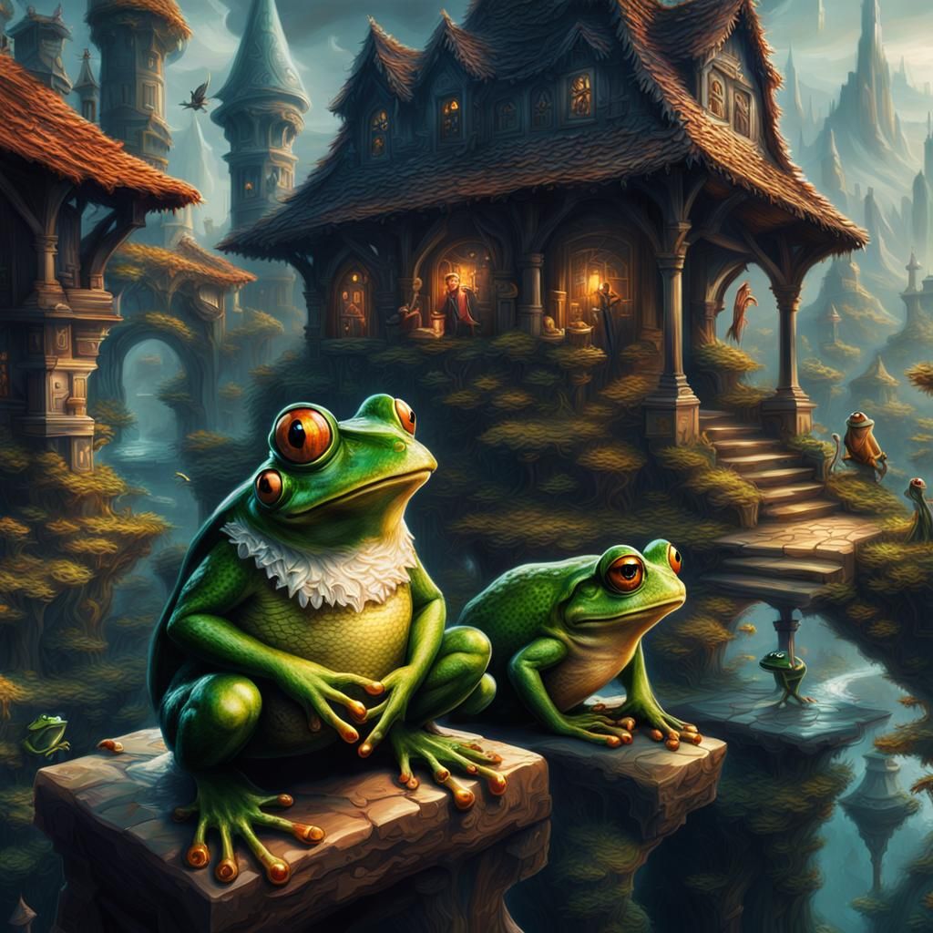 Pixelated Wizards and Frogs in Town Scene