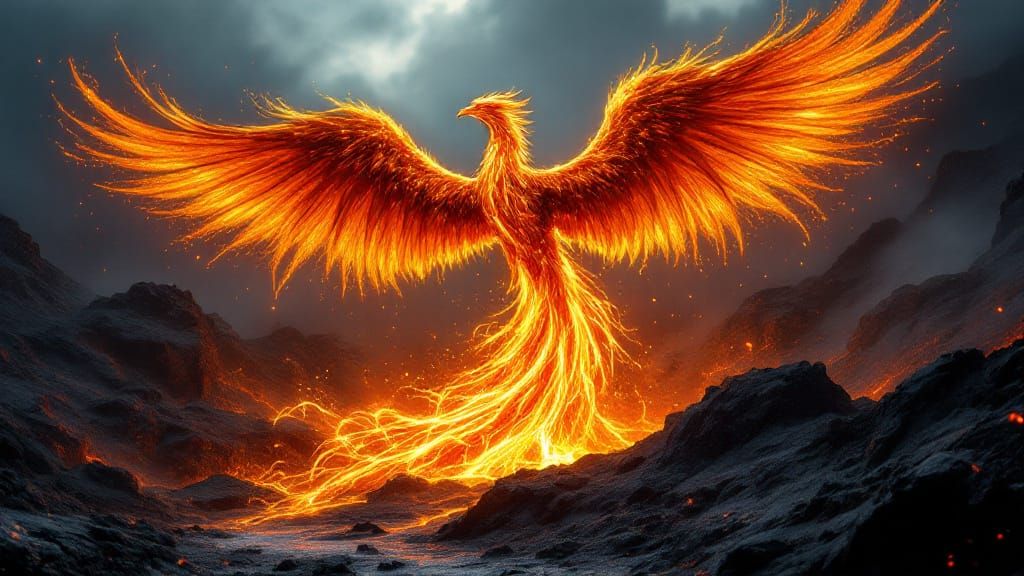 Majestic Phoenix Erupts from Volcano in Fiery Oil Painting