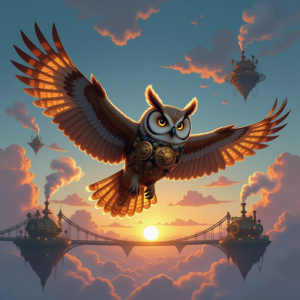 Steampunk Owl Soaring Through a Clockwork Sky
