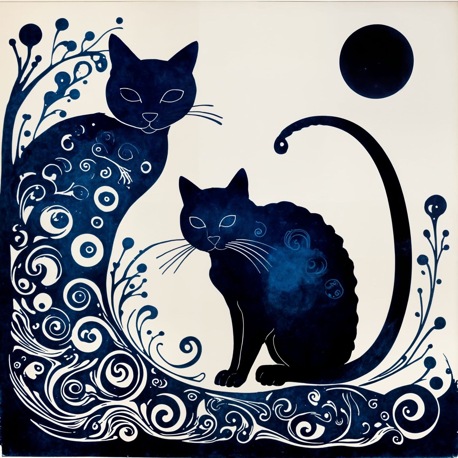 Abstract Cyanotype Cat Silhouette with Flowing Design