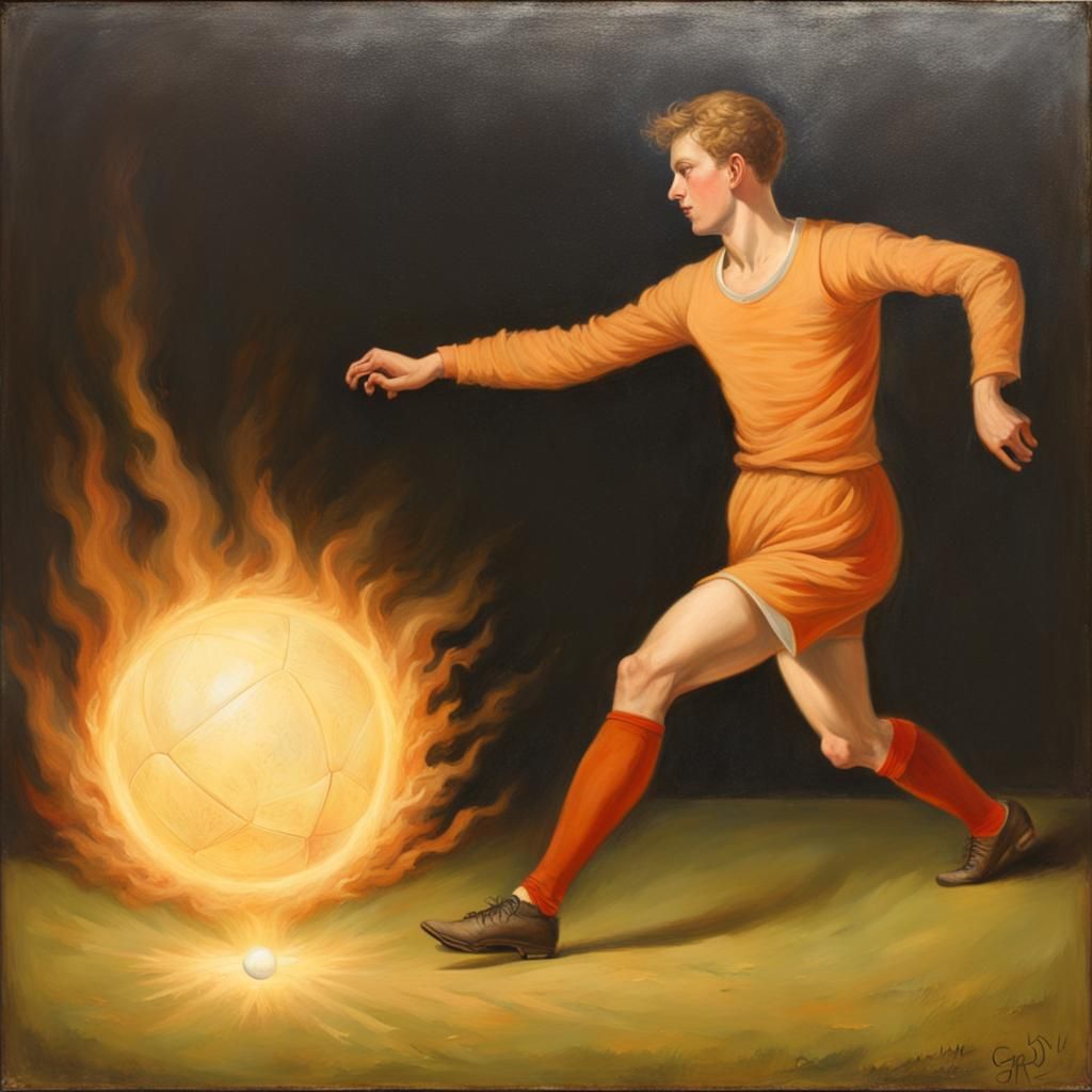 Fiery Athlete Kicks Ball of Light: Oil Painting